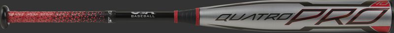 A Rawlings 2021 Quatro Pro -10 USA bat with a silver barrel, black handle and Lizard Skins grip - SKU: US1Q10