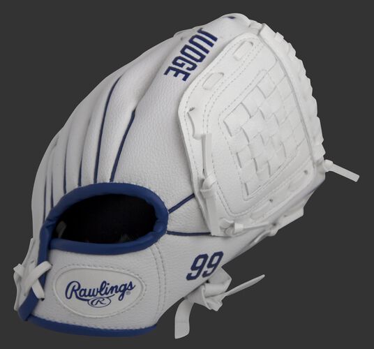 Back of a white MLBPA 9-inch Aaron Judge player glove