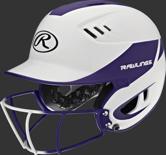 A white/purple R16H2FGS Velo junior batting helmet with a white/purple facemask