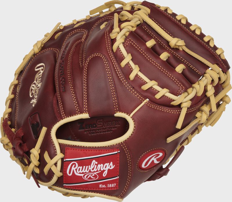Back of a sherry 33-inch Sandlot Series catcher's mitt with a red Rawlings patch - SKU: SCM33SS