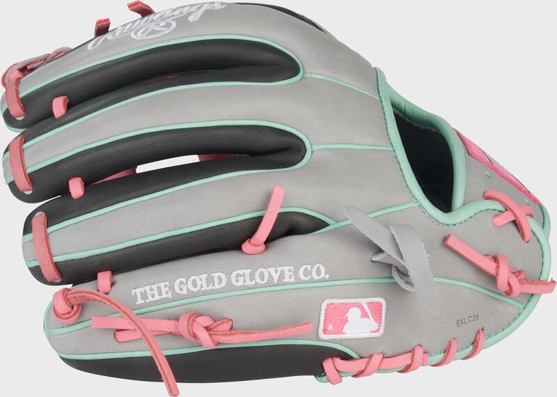 Gray/dark shadow back of a Rawlings Heart of the Hide 11.5-Inch Infield Glove with the MLB logo on the pinky