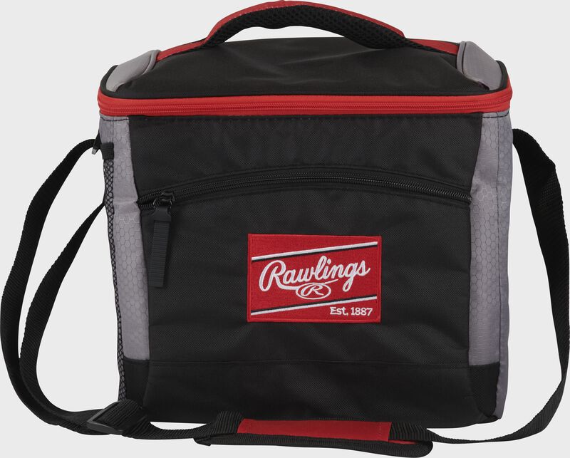 Front of a black Rawlings 24 can soft sided cooler with a red Rawlings patch embroidered on the front - SKU: 10224043511