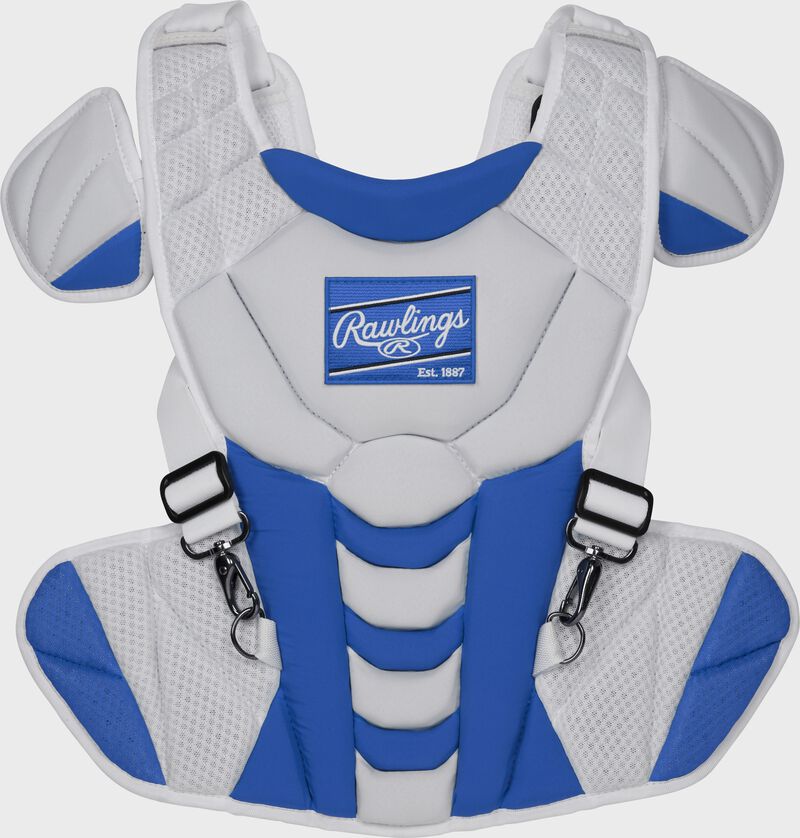 Front of a white/royal Velo softball chest protector