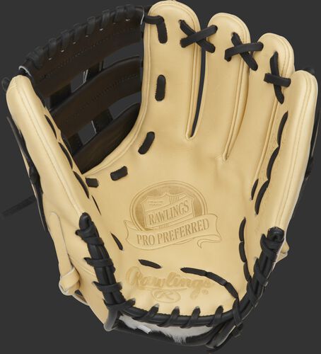 Camel palm of a G57 Series Brandon Crawford glove with a black and laces - SKU: PROS204-BC35