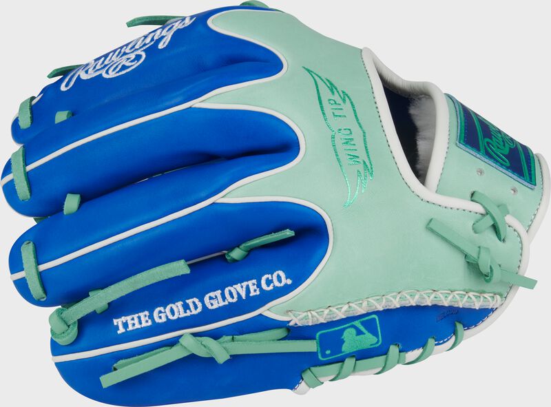 Royal/mint back of a Rawlings Pro Preferred 11.5-Inch Wing Tip Infield Glove with the MLB logo on the pinky