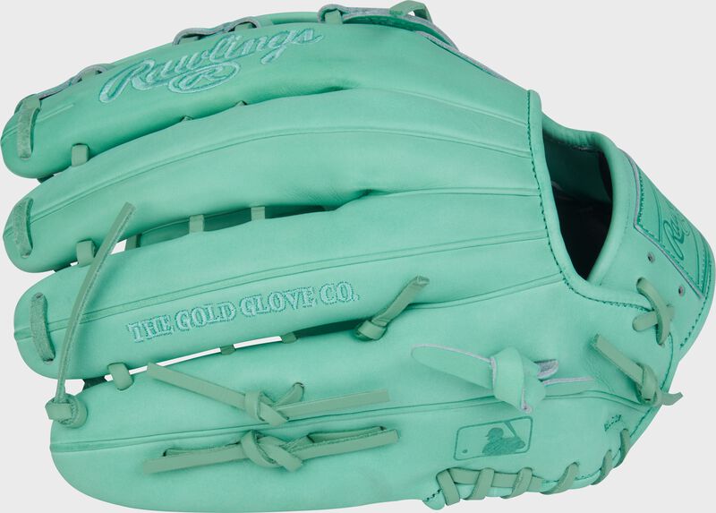 Back of a Heart of the Hide 12.75-Inch Mint Outfield Glove with the MLB logo on the pinky