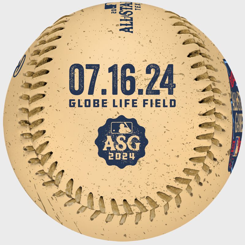 The 2024 MLB All-Star Game logo stamped on a gold replica baseball