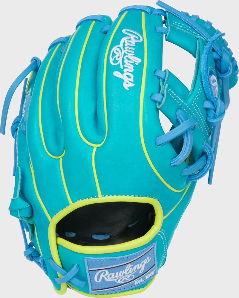 Back of a Heart of the Hide ContoUR Fit 11.5-Inch Teal Infield Glove with a Columbia blue Rawlings patch