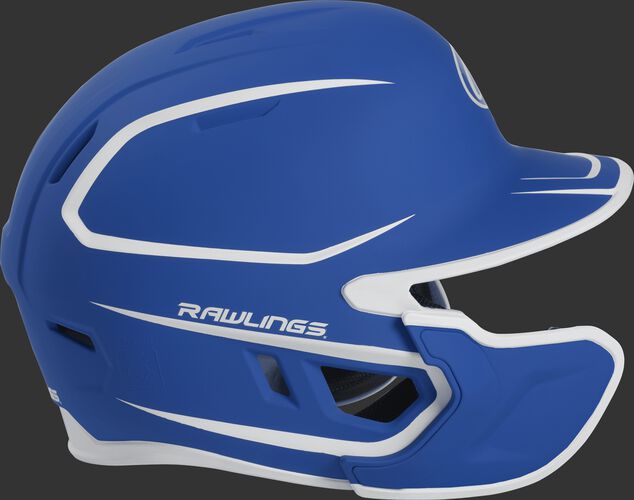 Right side of a two-tone MACHEXTR Rawlings MACH helmet with EXT extension piece for left hand batters