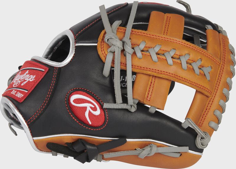 Thumb of a black R9 ContoUR 11" infield glove with a tan X-laced single post web - SKU: R9110U-19BT loading=
