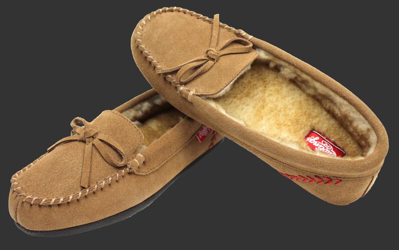 Two RF50007-204 Baseball stitch women's moccasin slides with cow suede and faux fur lining