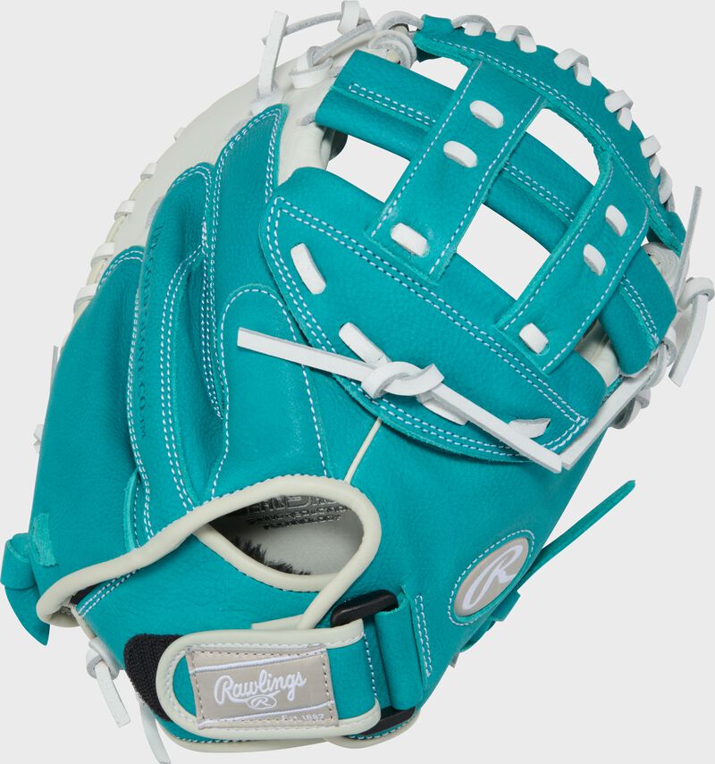 Back of a white/teal Shut Out 31.5-inch Fastpitch Softball Catcher's Mitt