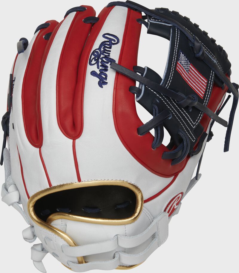 A PRO716SB-2USA 12-Inch Heart of the Hide USA softball glove with a white/scarlet back and scarlet double-welting