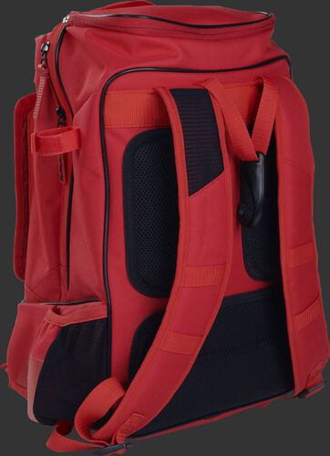 Left back view of a scarlet R701 training bag with royal shoulder straps and black padding