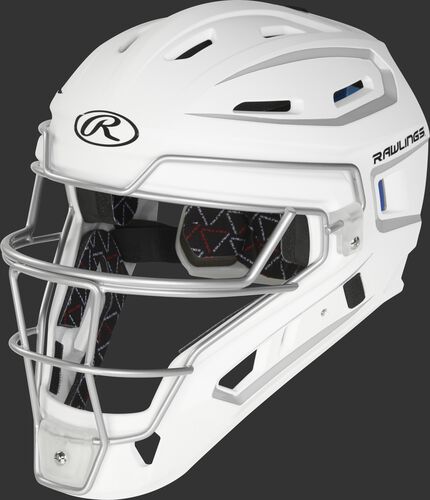 A white/silver CHV27S Rawlings Velo 2.0 catcher's helmet