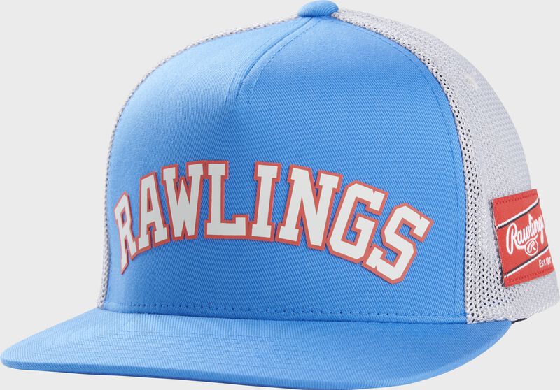 Front-left view of the Rawlings Light blue with white Rawlings lettering and orange outlining FlexFit Mesh Snapback Hat - SKU: RSGFC