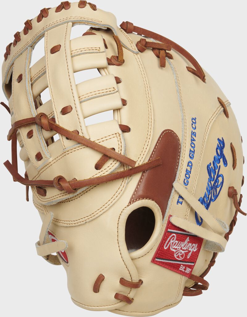 Back of a camel Pro Preferred 12.25-Inch 1st base mitt with a red Rawlings patch - SKU: PROSFM20CPRO-RH