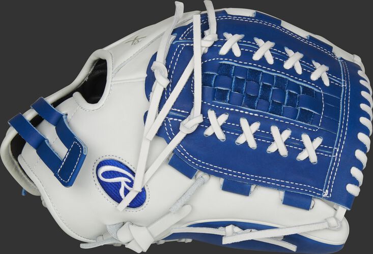 Thumb of a white RLA125-18R Liberty Advanced Color Series 12.5-inch fastpitch glove with a royal Double Laced Basket web