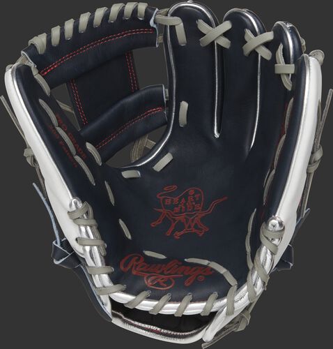PRO204-2USA Rawlings HOH USA glove with a navy palm, scarlet palm print and grey laces