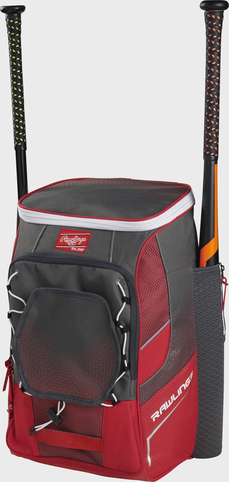 Front right angle view of a scarlet Impulse backpack with two bats in the side sleeves - SKU: IMPLSE-S loading=