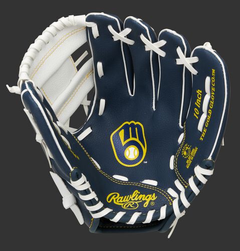 A navy/white Rawlings Milwaukee Brewers youth glove with the Brewers logo stamped in the palm - SKU: 22000006111