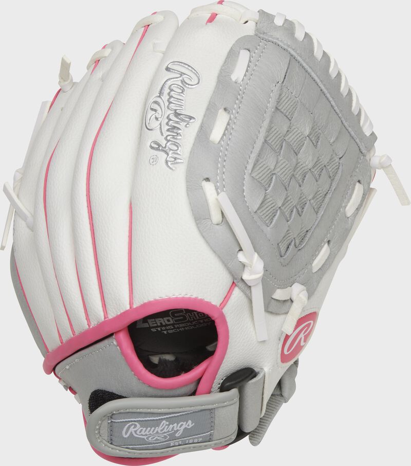 Back of a white/gray Rawlings 10.5-inch basket web softball glove with a gray Velcro wrist strap - SKU: ACAFP105GW loading=