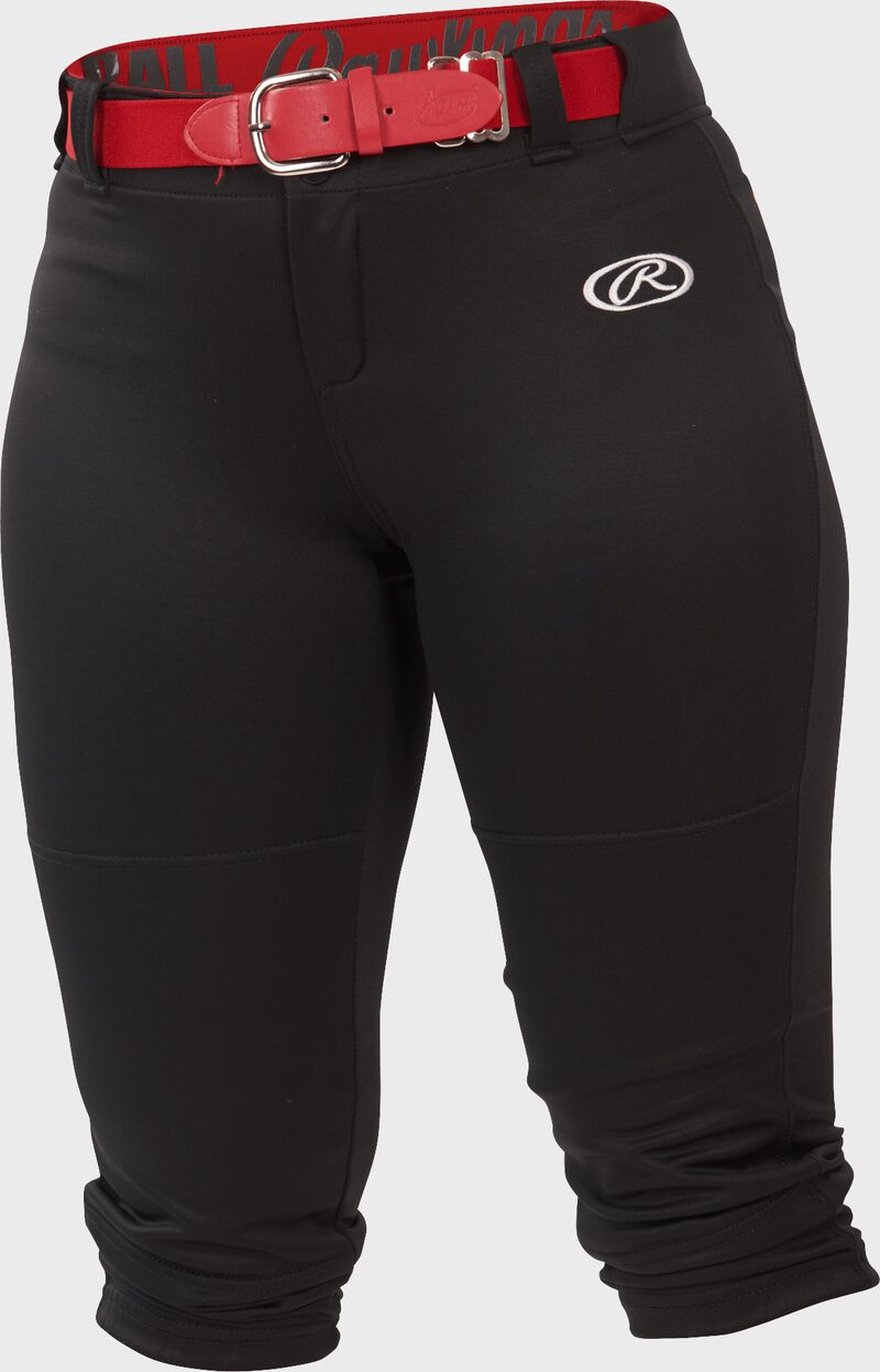 WLNCH black Women's launch softball pants with a scarlet belt