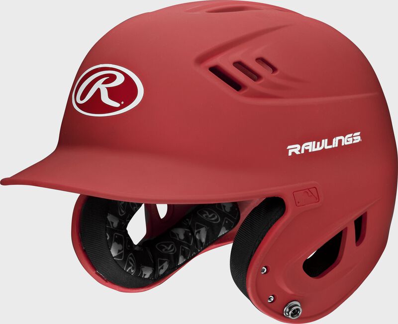Front left-side view of Scarlet Rawlings Velo Matte Batting Helmet - SKU: R16M