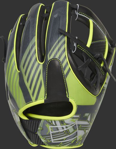 Black/neon back of a 11.75-Inch REV1X infield glove with a unique sublimated design and Adaptive Fit back - SKU: REVFL12