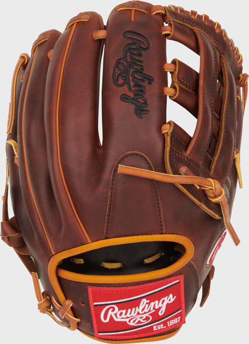 Timberglaze back of a Nolan Arenado Gameday 57 Series Heart of the Hide glove with a red Rawlings patch - SKU: PRONA28P