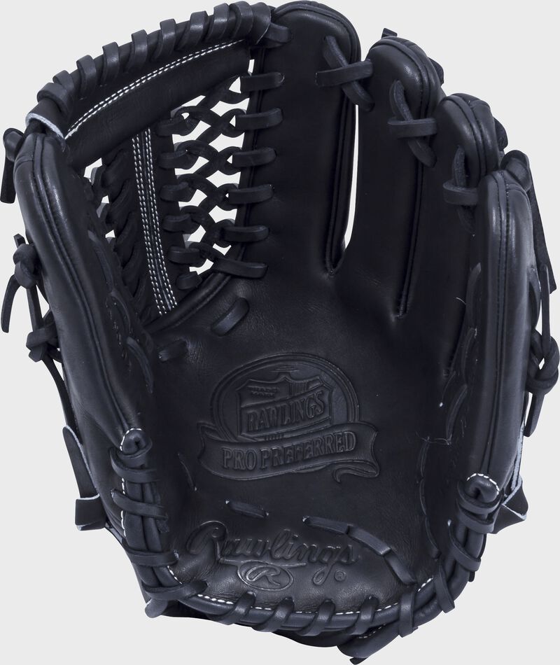 Black palm of a Rawlings Pro Preferred infield/pitcher's glove with a black web and black laces - SKU: PROS12MTKBPRO