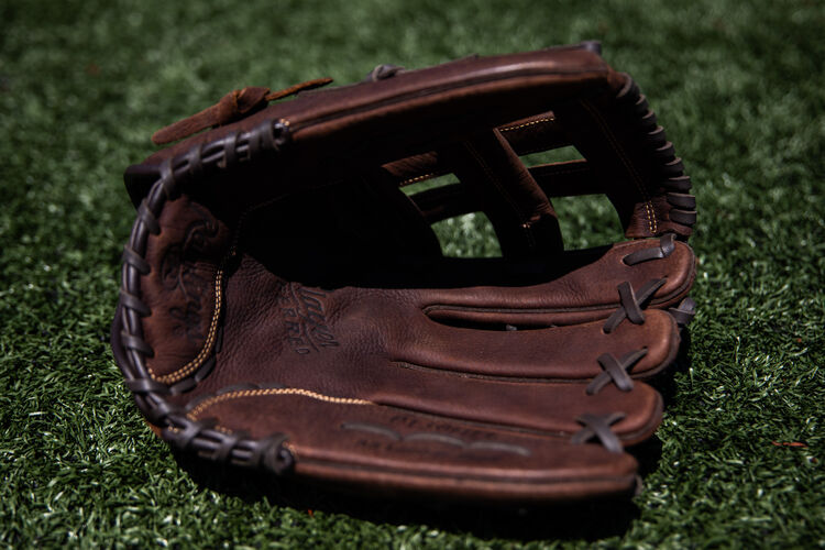 Brown palm of a Rawlings Player Preferred glove lying on a field - SKU: P130HFL