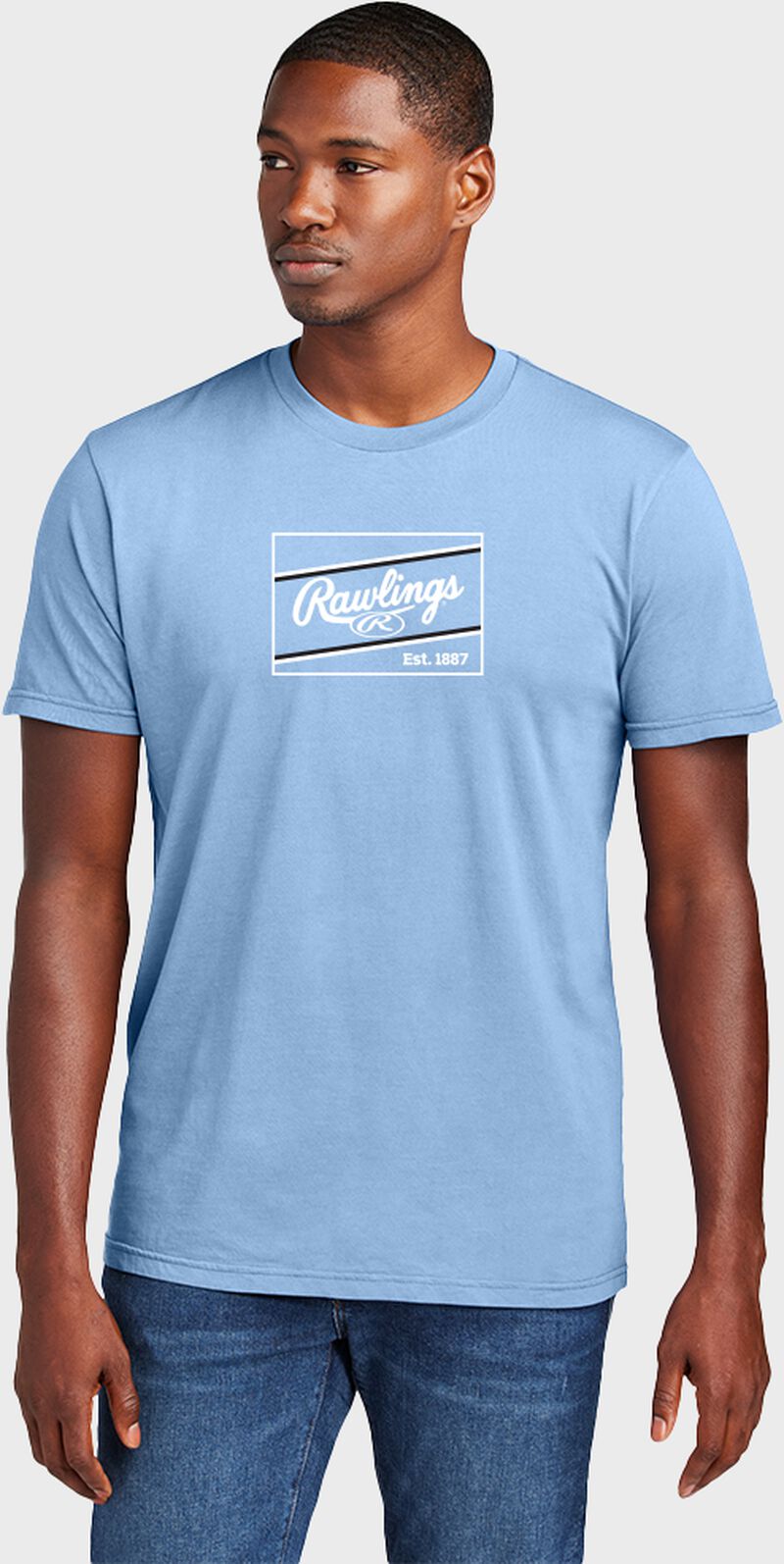 Picture of a guy wearing a light blue Rawlings patch t-shirt