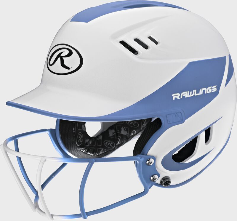 A white/columbia blue R16H2FGS Velo senior batting helmet with a white/columbia blue facemask