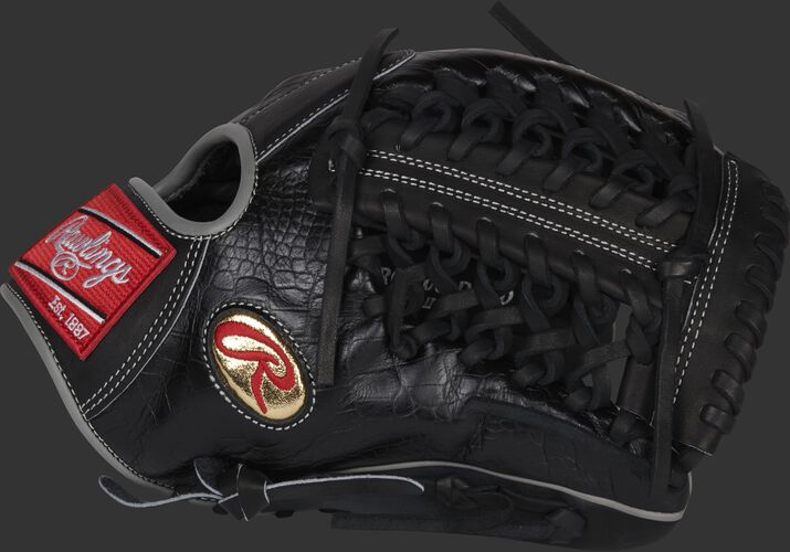 Thumb of a black Gameday 57 Series Dallas Keuchel Heart of the Hide glove with a gold Oval-R on the thumb - SKU: RSGPRO206-DK60