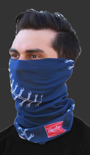 A guy wearing a navy baseball stitch Rawlings multi-functional head and face cover over his mouth and nose - SKU: RC40001-400