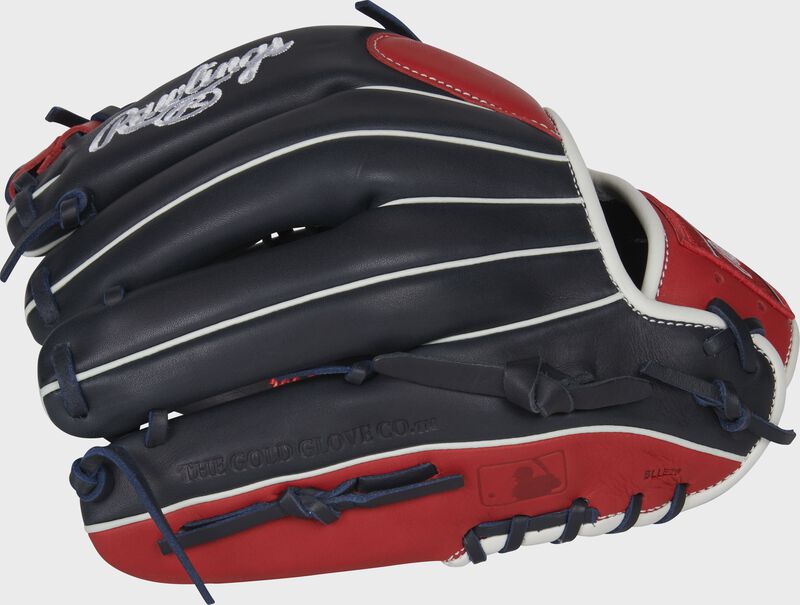 Pinky back view of red, white and blue 2022 Breakout 12-inch infield/pitcher's glove loading=