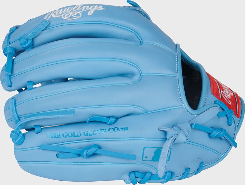 Back of a Columbia blue R9 Series 11.75-Inch Infield Glove with the MLB logo on the pinky loading=