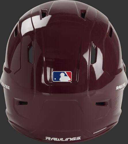 Back of a maroon MCH01A Mach baseball batting helmet with a MLB logo sticker