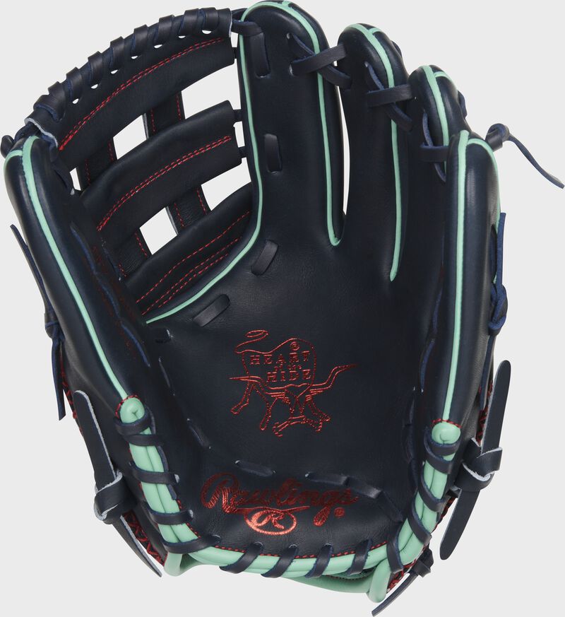 Navy palm of a Rawlings HOH ColorSync 6.0 glove with navy laces, mint binding and scarlet palm stamp - SKU: PRONA28NM