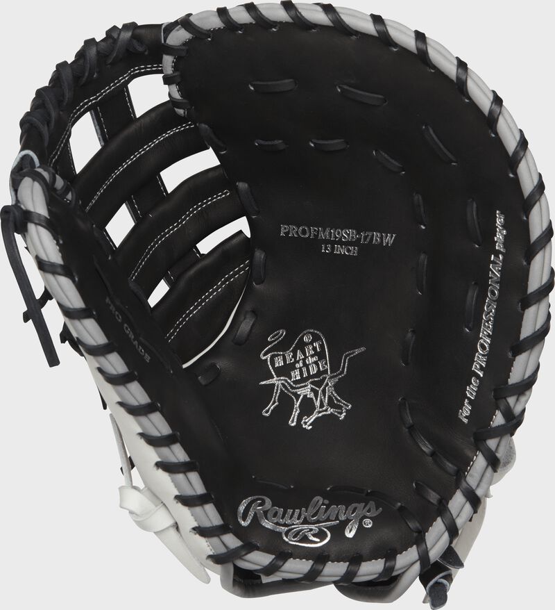 PROFM19SB-17BW Rawlings 13-inch softball first base mitt with a black palm and black laces