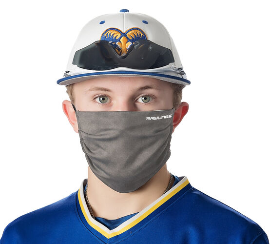 A player wearing a heather gray Rawlings performance wear sports mask - SKU: RMSK-HGRY