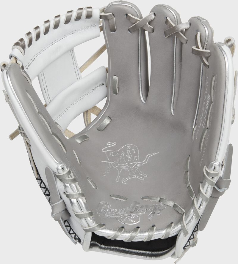 Gray palm of a Rawlings Heart of the Hide R2G infield glove with platinum laces - SKU: RSGPROR204-2GWP image number null