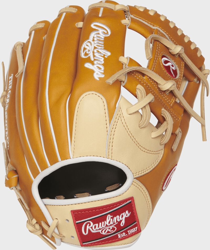 Back view of a tan PRONP4-2CTW Heart of the Hide 11.5-inch Infield glove with a camel finger pad loading=
