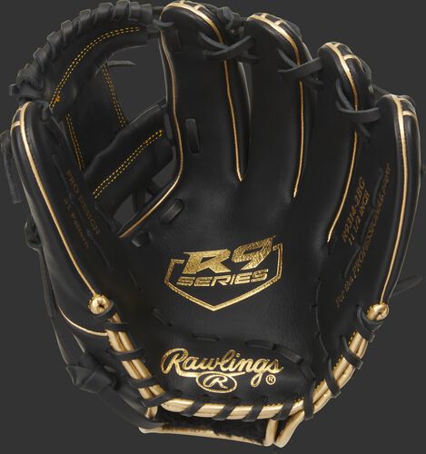Black palm of a Rawlings R9 series infield glove with a gold palm stamp and black laces - SKU: R9314-2BG