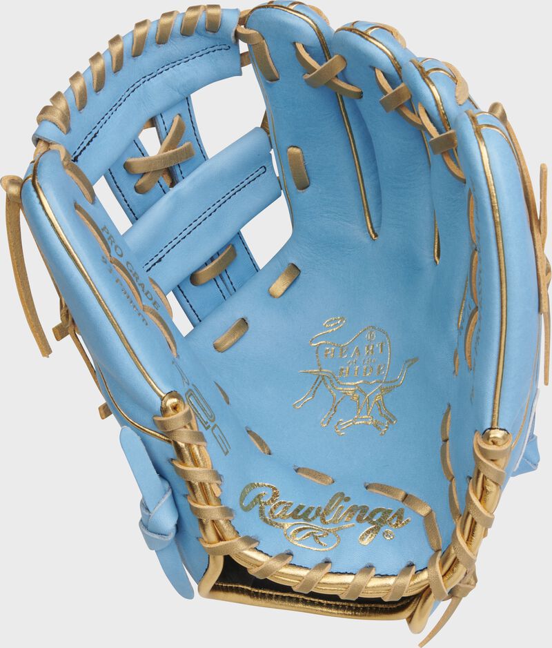 Columbia blue palm of a Rawlings HOH R2G infield glove with gold laces - SKU: RSGPROR934-32CBG