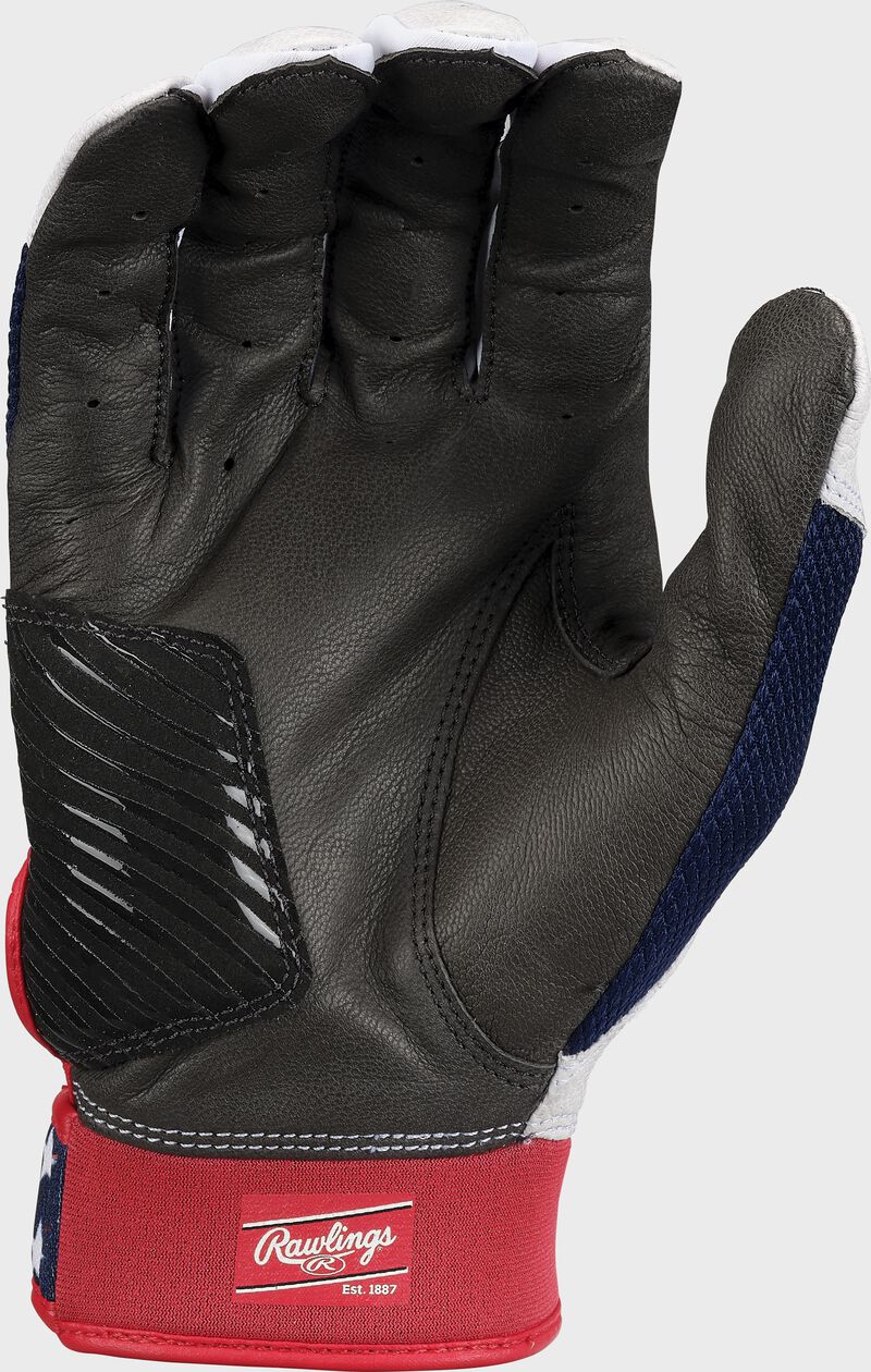 Black leather palm of a USA Rawlings Workhorse OKC fastpitch batting glove - SU: WHOKCFPBG-US