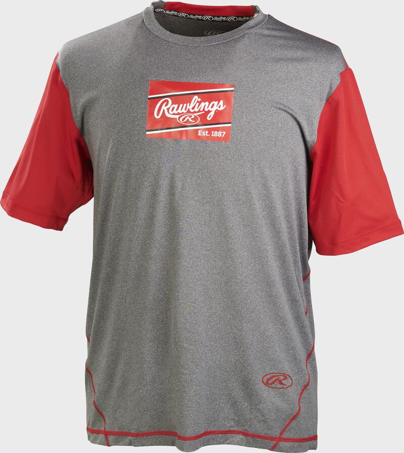 A gray/scarlet Rawlings adult Hurler performance short sleeve shirt with a scarlet Rawlings logo on the chest - SKU: HSSP-GR/S