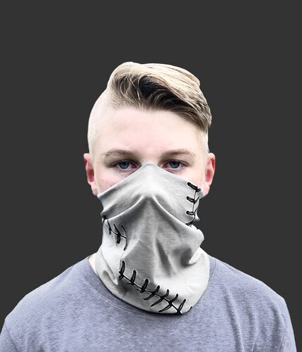 A kid wearing a gray baseball stitch neck gaiter with it covering his mouth and nose - SKU: YRC40001-020