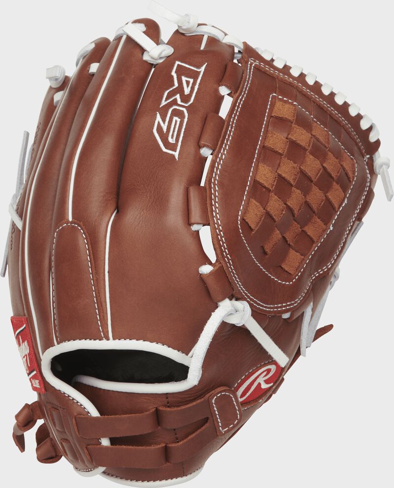 Back view of a R9SB125FS-3DB R9 Series 12.5-inch fingershift fastpitch glove with a brown back and Pull-Strap design